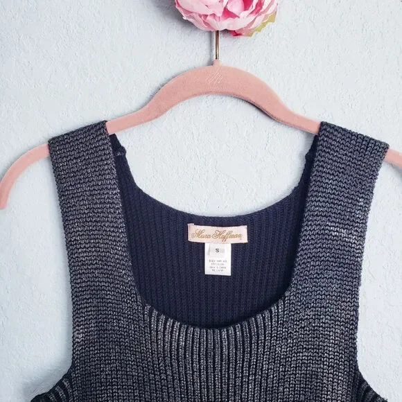 Mara Huffman Black Metallic Knit Ribbed Bodycon Dress with‎ Zipper Details